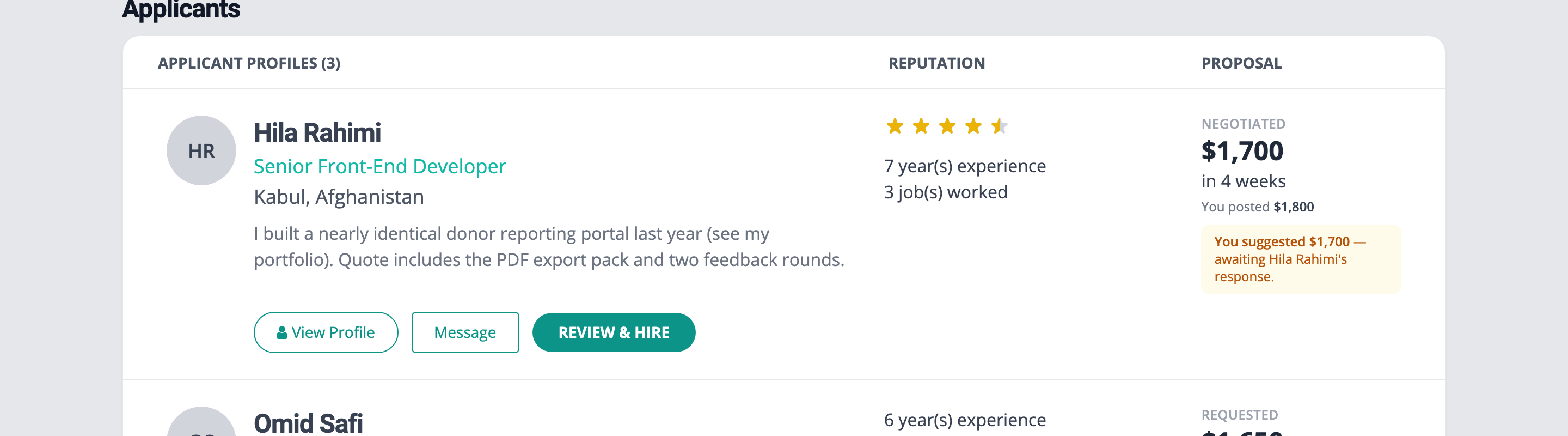 An application in negotiation — the employer has suggested a different amount and the platform tracks whose turn it is.