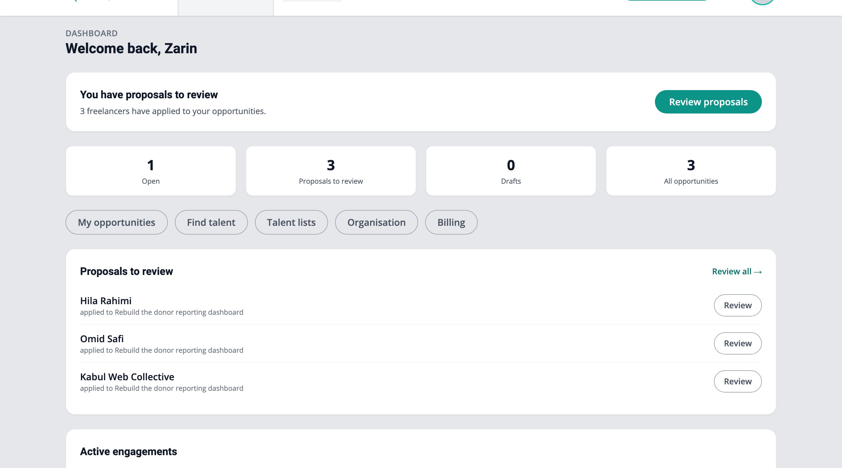 The employer dashboard — proposals to review, active engagements, your bench, and suggested talent for open roles.