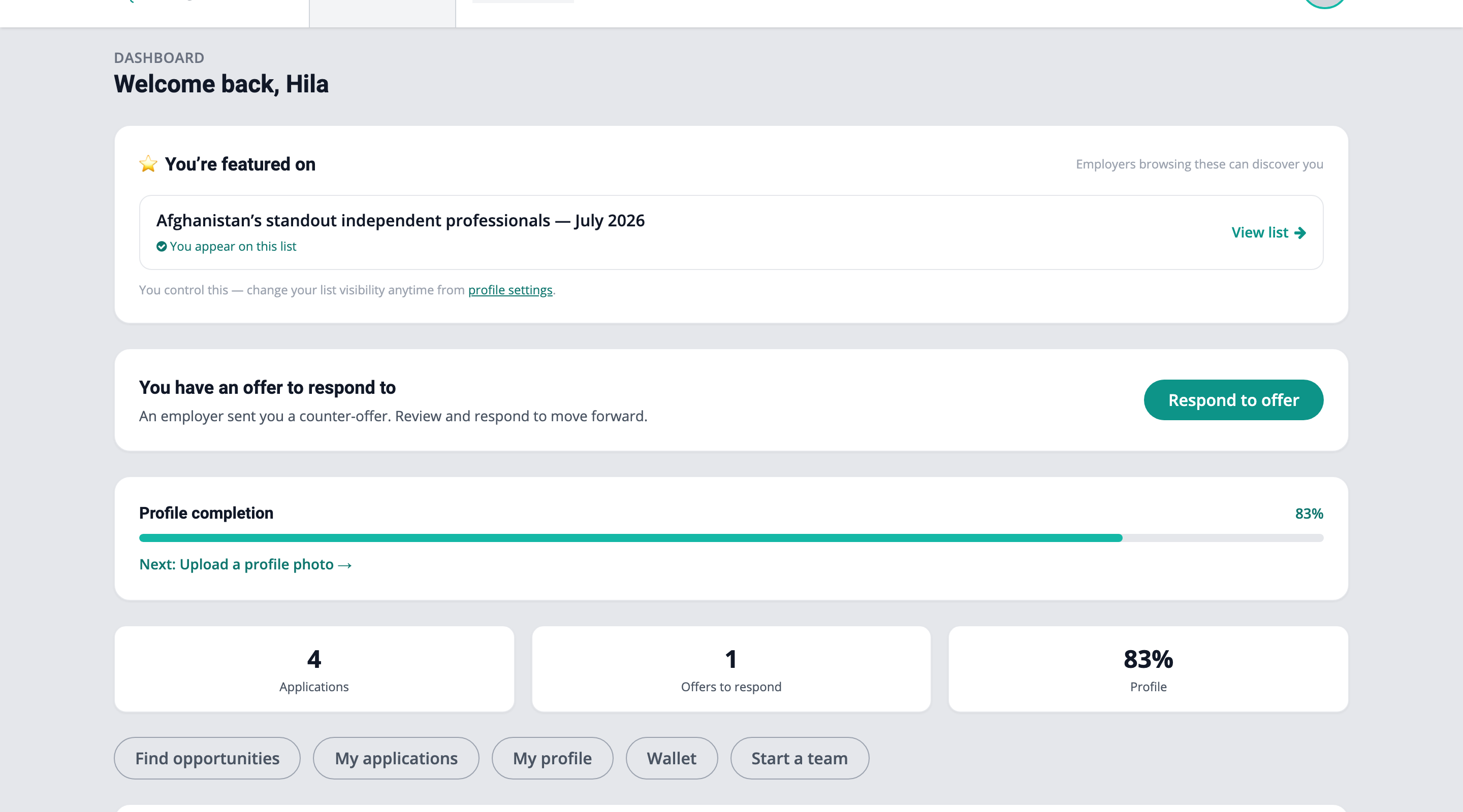 The freelancer dashboard with applications, offers to respond and recommended opportunities