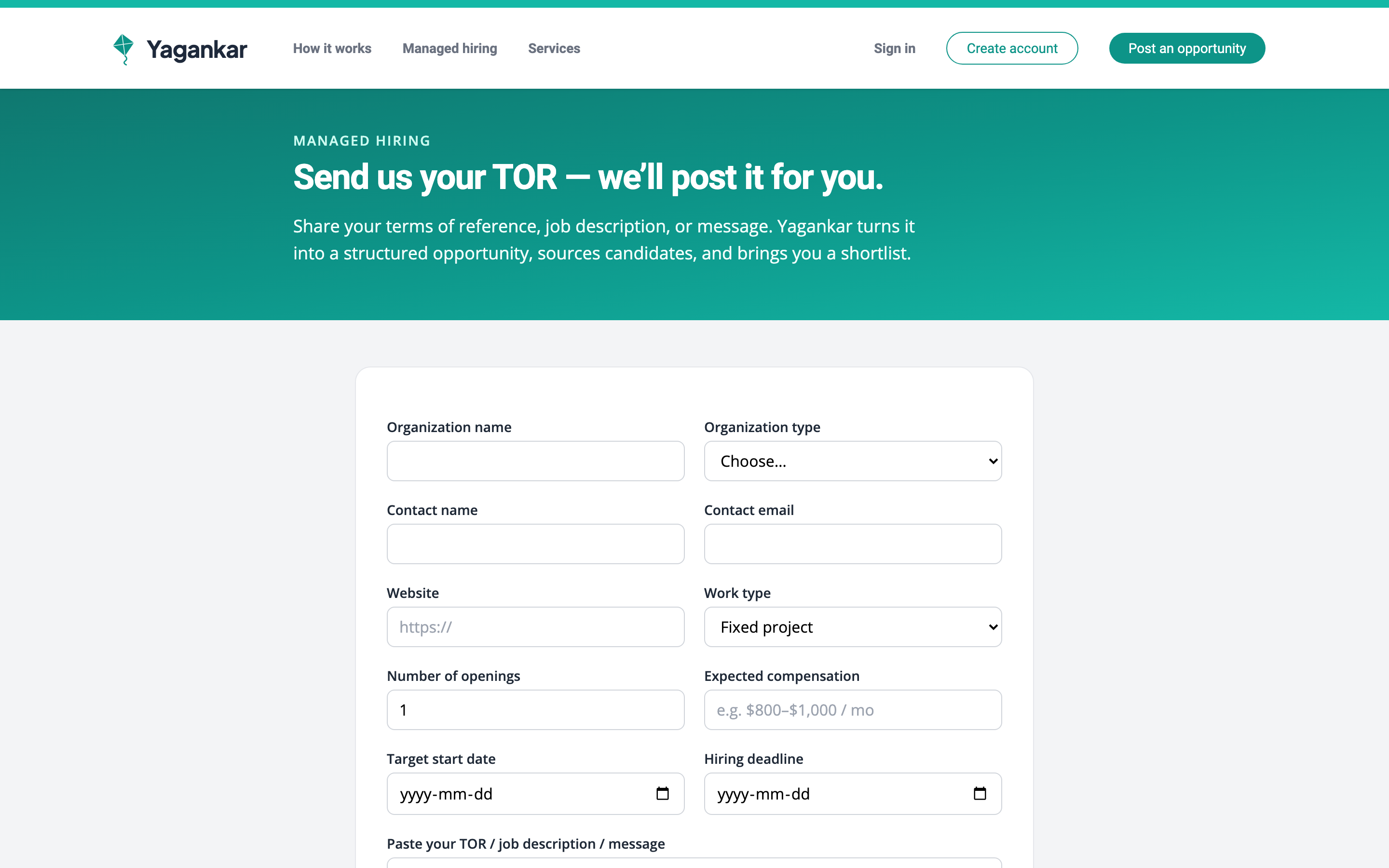 The managed hiring page where organisations submit a TOR or hiring brief