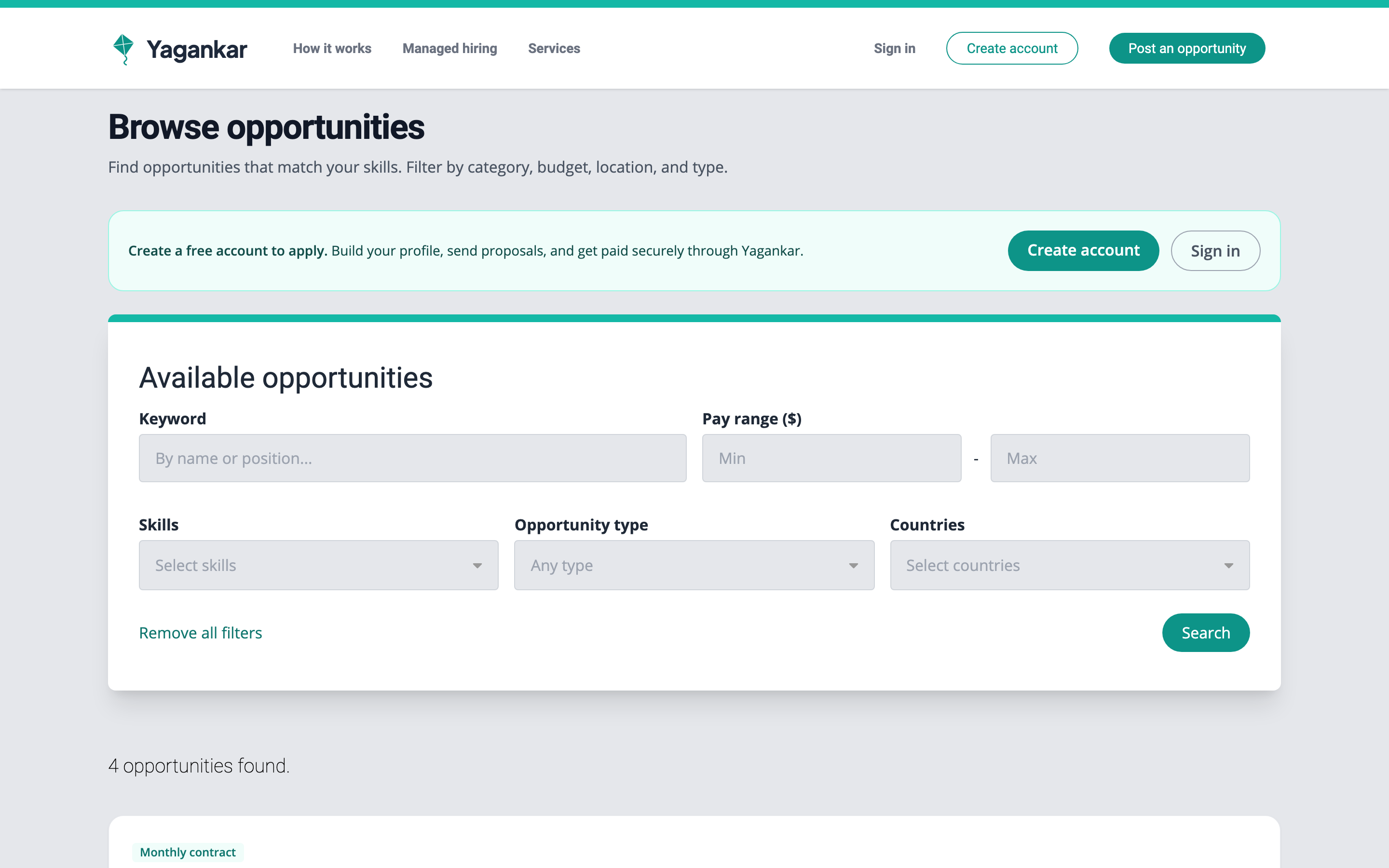 The public opportunities board — filter by type, category and location, no account required.