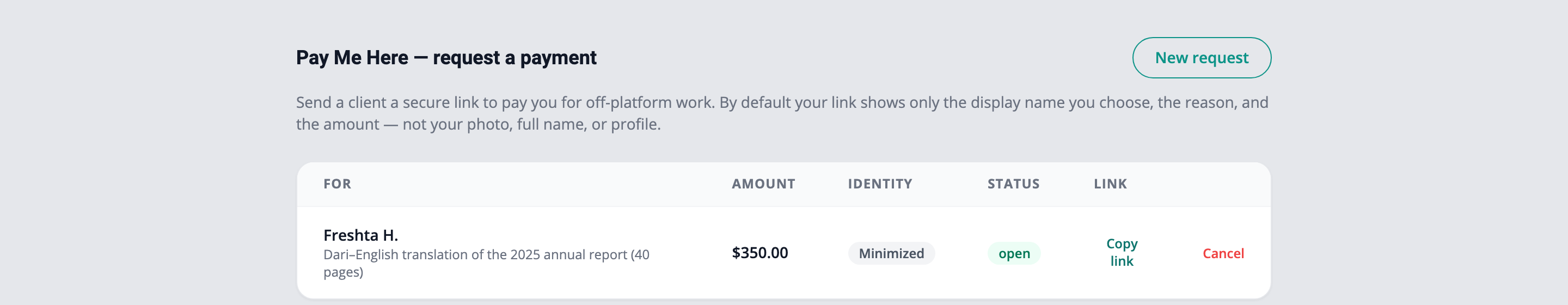 Creating a payment request from the wallet, with identity reveal off by default